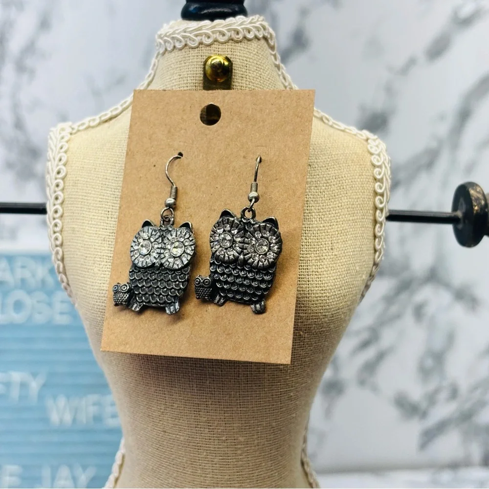 Rhinestone Owl Dangle Earrings - Silver Tone